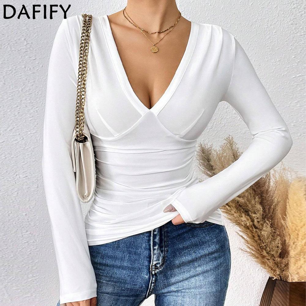 DAFIFY Women's Fashion Casual Spring Autumn Solid Color Print Long Sleeve V-Neck Blouses & Shirts