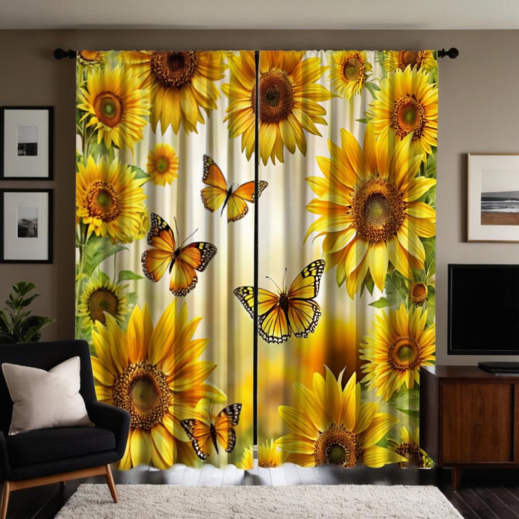 2PCS HD Digital Curtain Printed Yellow Tie Sunflower Flowers Butterfly Home Decoration Style Decorate Living Room Bedroom Wea