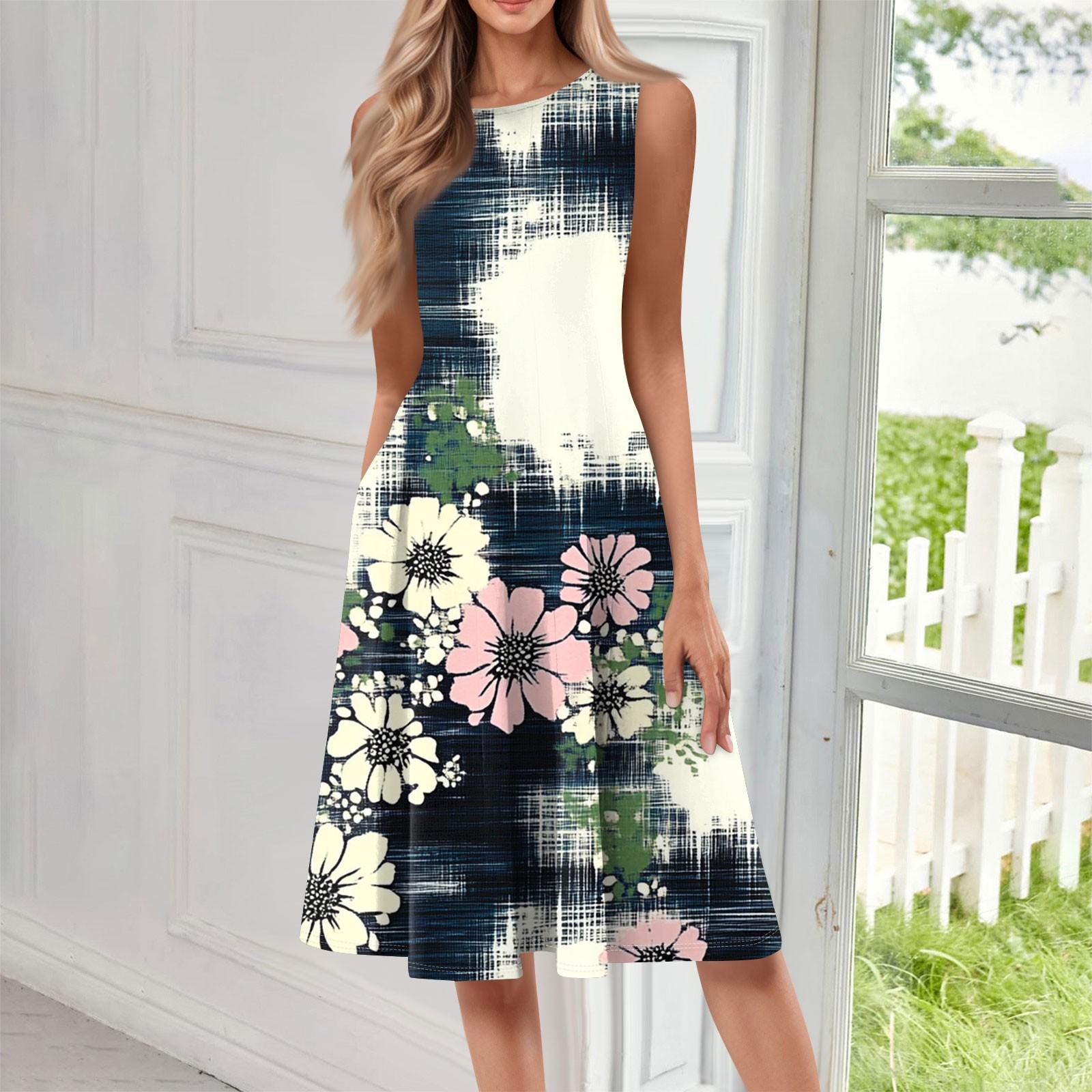 

Женское повседневное модное платье миди с цветочным принтом и круглым вырезом без рукавов S