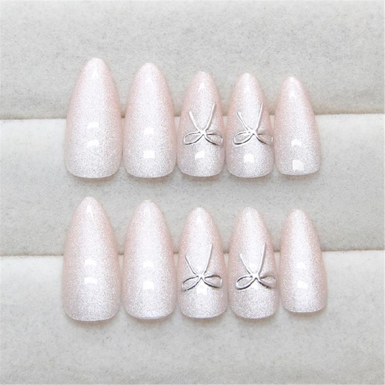 24 Pieces Press On Nail With Bows Details Glossy Full Cover Stick On Nail Acrylic Artificial Nail for Women Girls