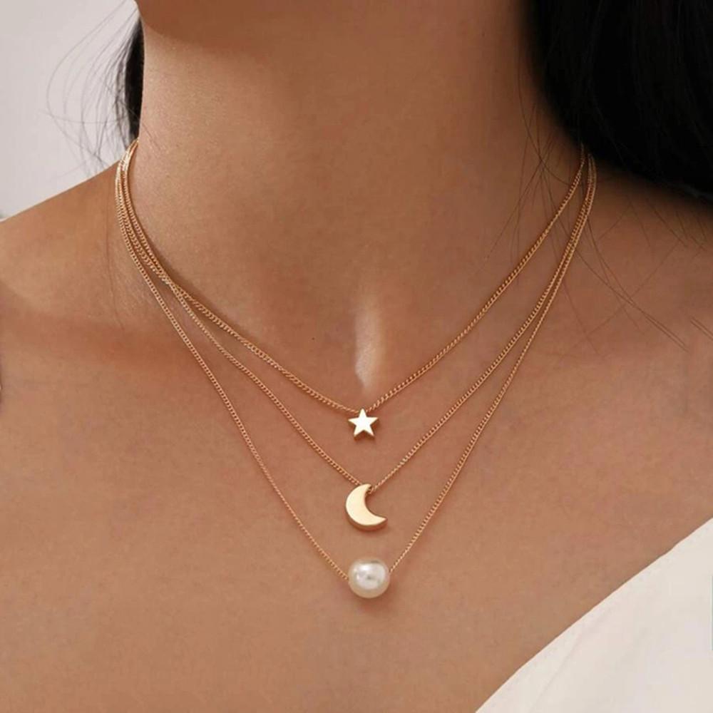 Necklace, summer multi-layer white pearl moon star pendant necklace for women