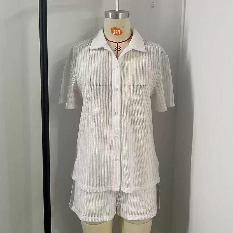 

Fashion Wind Cut Out Knitted Short-Sleeved Shirt Shorts Two-piece Set Knitted Top and Shorts Set White XL