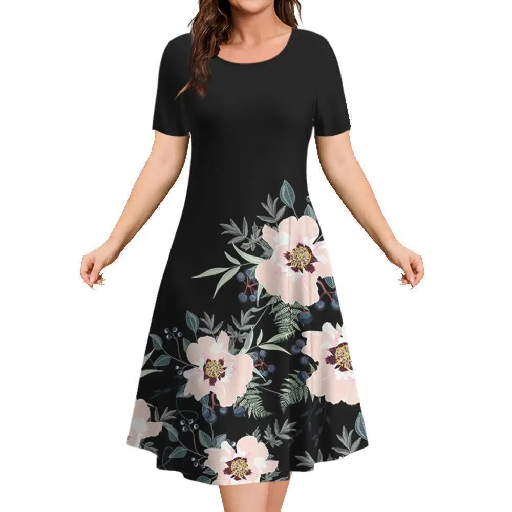 Summer Women's 3d Floral Print Short-sleeved Round Neck Dress Ladies Fashion Y2k Loose Casual Dress
