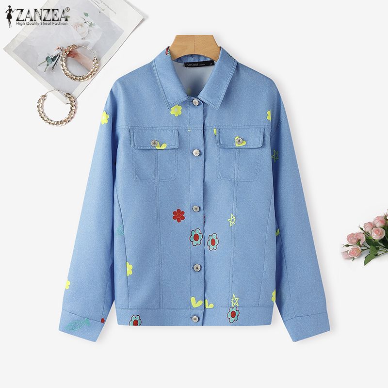 ZANZEA Women Casual Turn Down Collar Long Sleeve Print Blouse