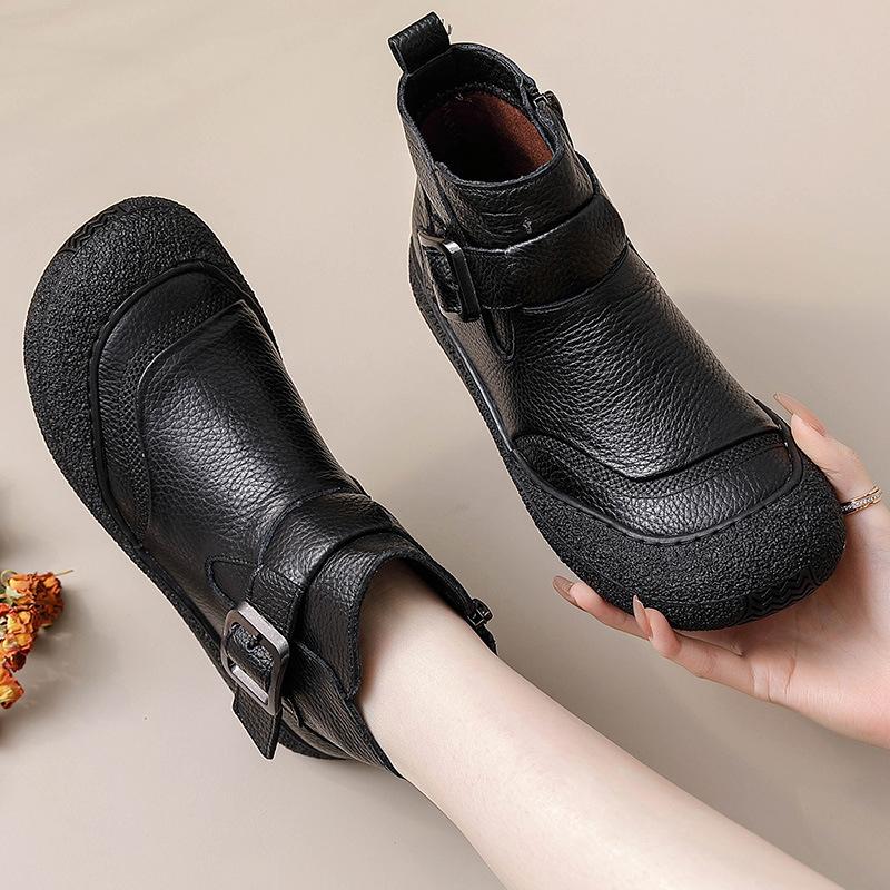 Genuine Leather Women Ankle Boots Plush Side Zipper Snow Boots Autumn/winter New Simple Retro Warm Casual Flat Mom Cotton Shoes