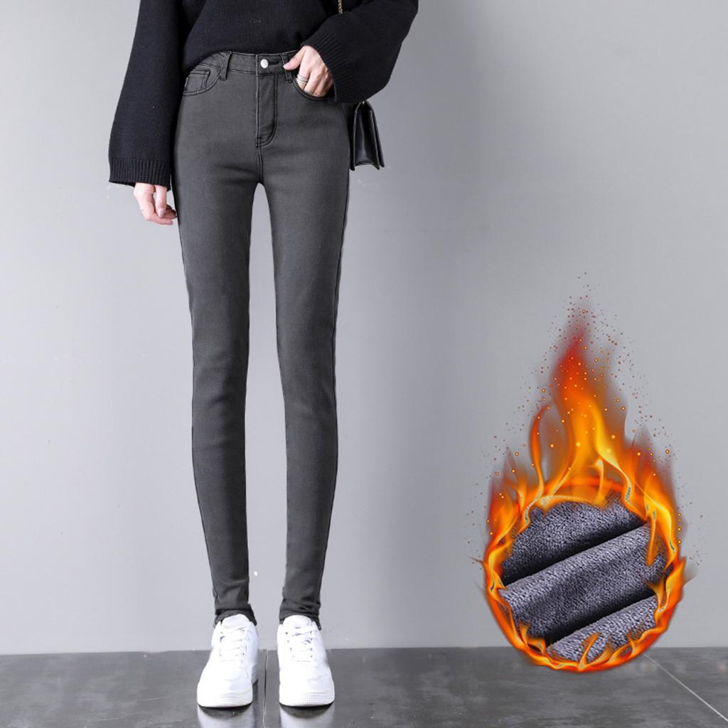 Fashion Women Plus Size Plus Velvet Elastic High Waist Casual Jeans Pencil Pants