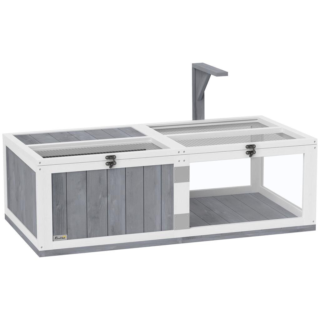 Wooden Tortoise House with Lamp Holder, Clear Windows, Openable Tops, Built-In Tray, Light Grey