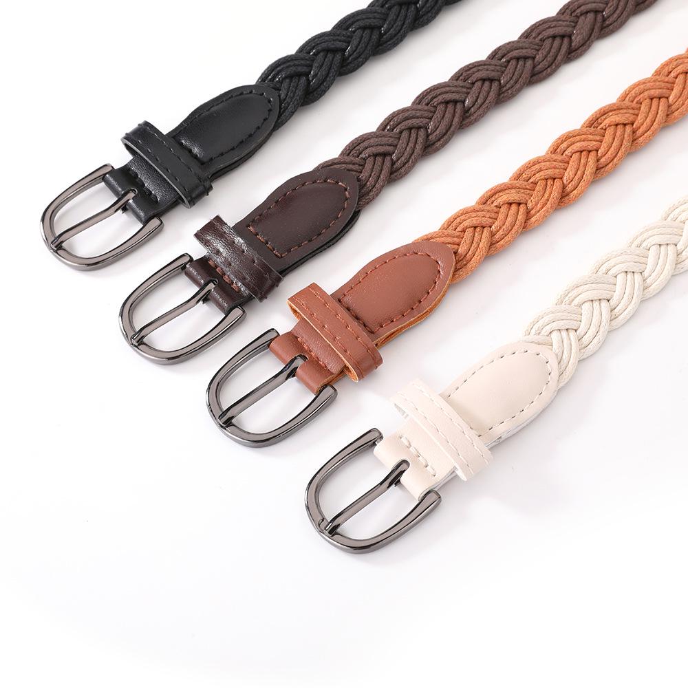 Retro Mori Black Cable Knit Waist Chain Belt with Pin Buckle and Leather Accents for Women