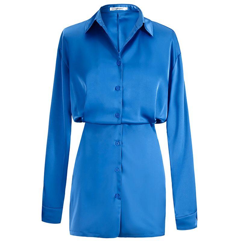 Shirt Dress 2025 Spring New Arrival Dark Blue Long Sleeves Silm Slim Looking Short Temperamental Skinny Hip Skirt Women