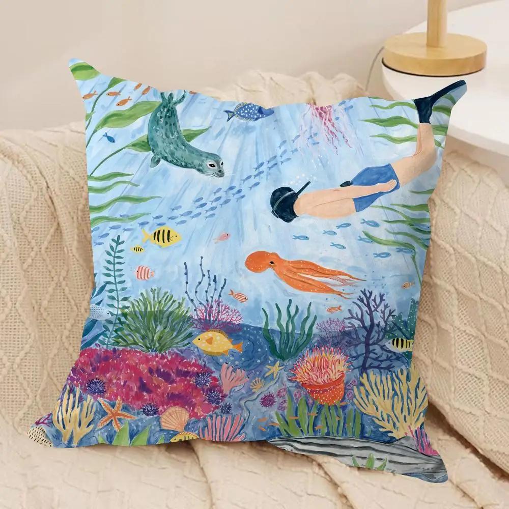 Marine Animals Summer Ins Cushion Cover Silky Short Plush Invisible Zipper Dustproof Sofa Pillow Case For Home Decor