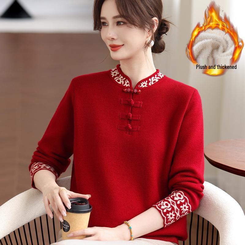 Year of the Rat Red Velvet Sweater for Mid-Aged and Elderly Women - Chinese Style Warm Winter Clothing