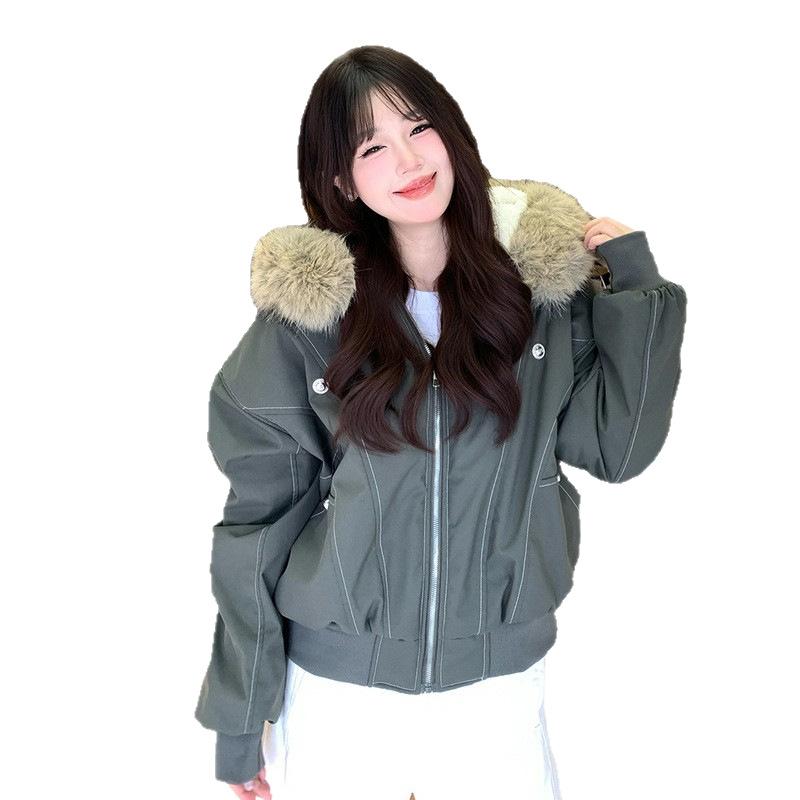 Women's Short Parka Jacket Hooded Faux Fur Collar Contrast Stitching Zip Up Ribbed Hem Winter Coat