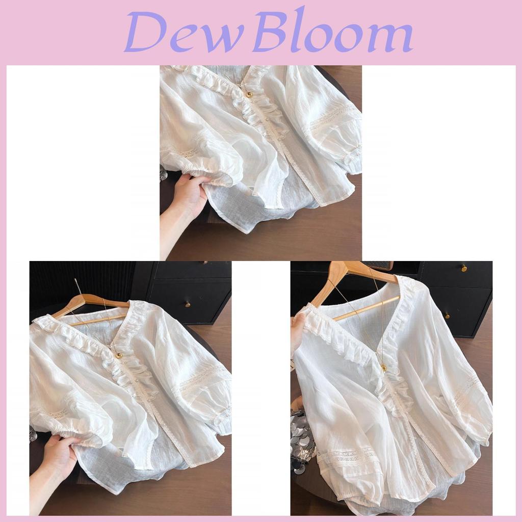 Summer Blouse With Ruffled Lace Trim Vneck Long Sleeve For Women