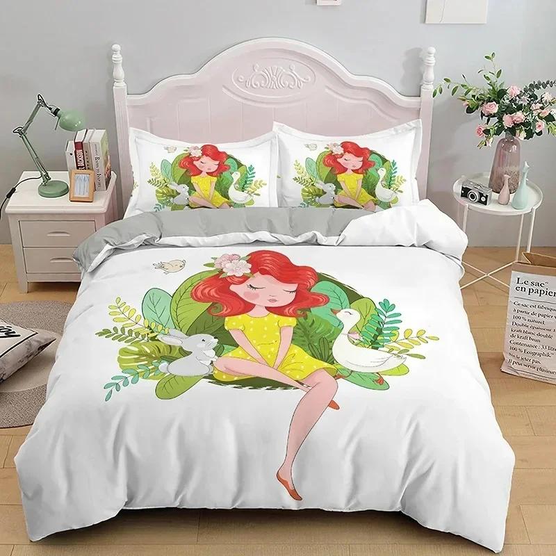 Carton Girly Watercolor Fashion Girl Modern Women Beding Set Bedrom Soft Bedspreads Comefortable Soft with Soft Fabric Duvet Cover Pilowcase