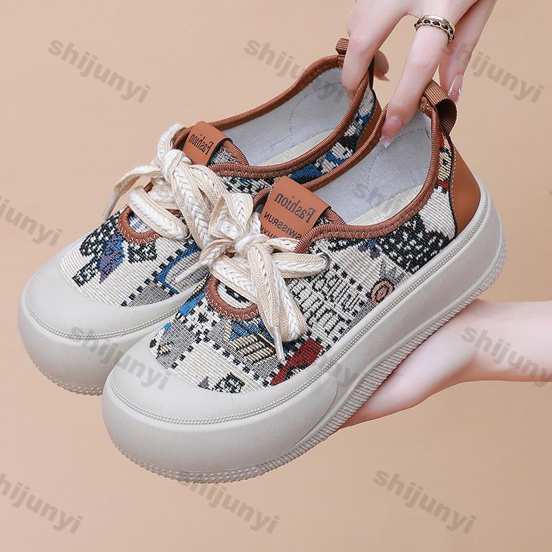 Women Sneakers 2025 Autumn New Comfortable Height Increase Lace Up Casual Shoes Round Toe Outdoor Non Slip Canvas Shoes
