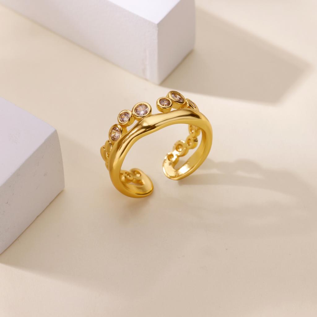 Round Zircon Open Rings For Women Stainless Steel Gold Color Bead Ring Elegant Couple Wedding Jewelry Gift Bijoux Femme