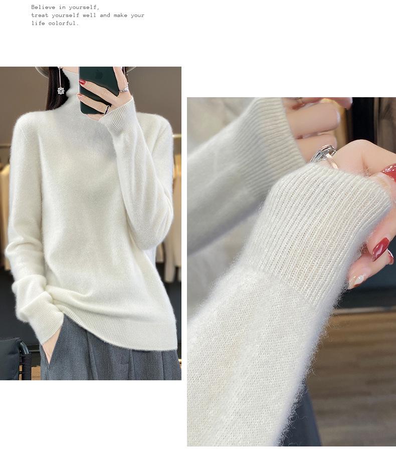 Women's Pure Wool High Neck Loose Pullover Sweater - Solid Color, Slimming, Long Sleeve - Autumn/Winter Collection