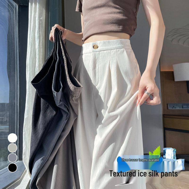 Women's Ice Silk Wide-Leg High-Waist Pants: Summer Texture, Slimming, Versatile, Casual Draped Style.