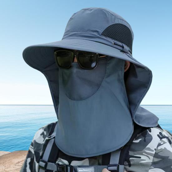 Outdoor Sunscreen Hat with Face Neck Cover And with Lace-Up Design Hollow Mesh Large Brim Anti-UV Sunlight Protection Outdoor Fishing Travel Cap