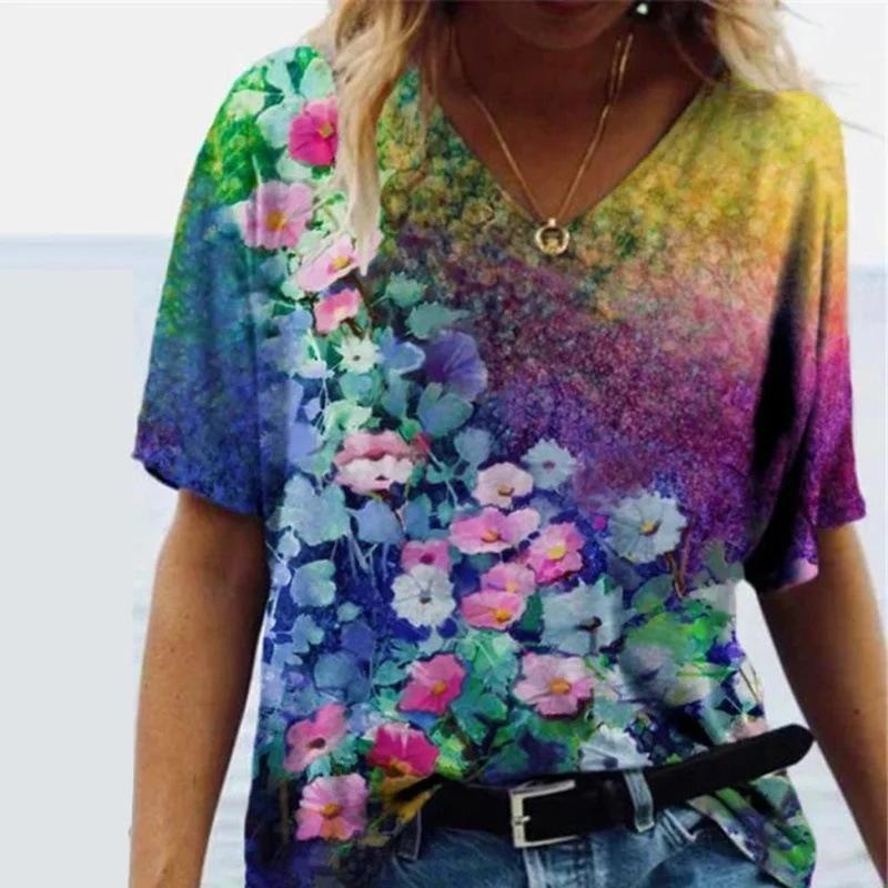 Sommer Graffiti Blume 3D-gedrucktes Kurzarm Damen V-Ausschnitt Buntes Lässiges Vielseitiges T-Shirt