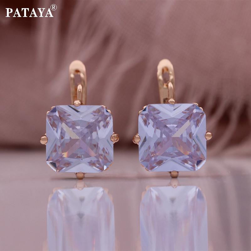 PATAYA Rose Gold Color Inlaid Artificial Zircon Square Sweet Girl Earrings