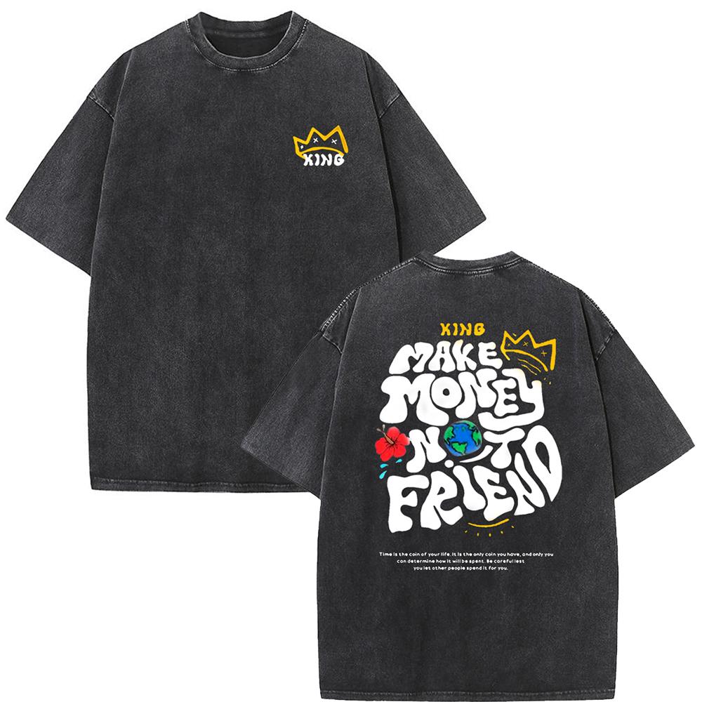 

Harajuku MenS Fashionable Retro Washed TShirt For Making Money Not Making Friends Letter Slogan Printed Cartoon Cotton Top S