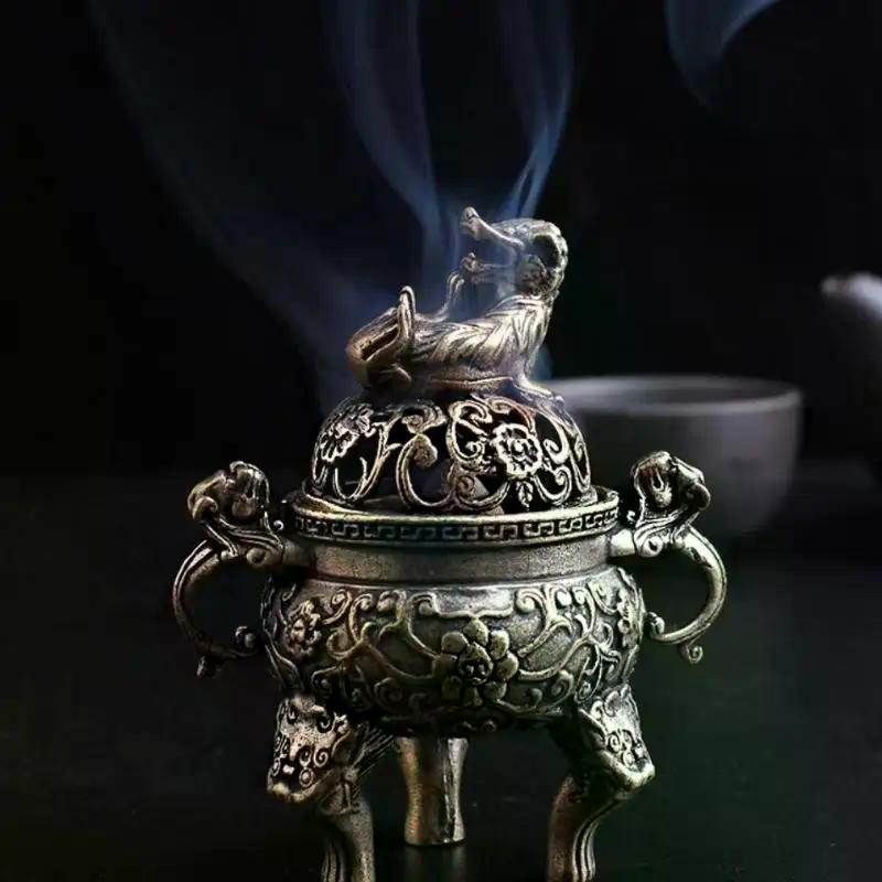 Brass Kirin Figurine Feng Shui Incense Burner Ornament for Wealth in Pure Copper 1PCS