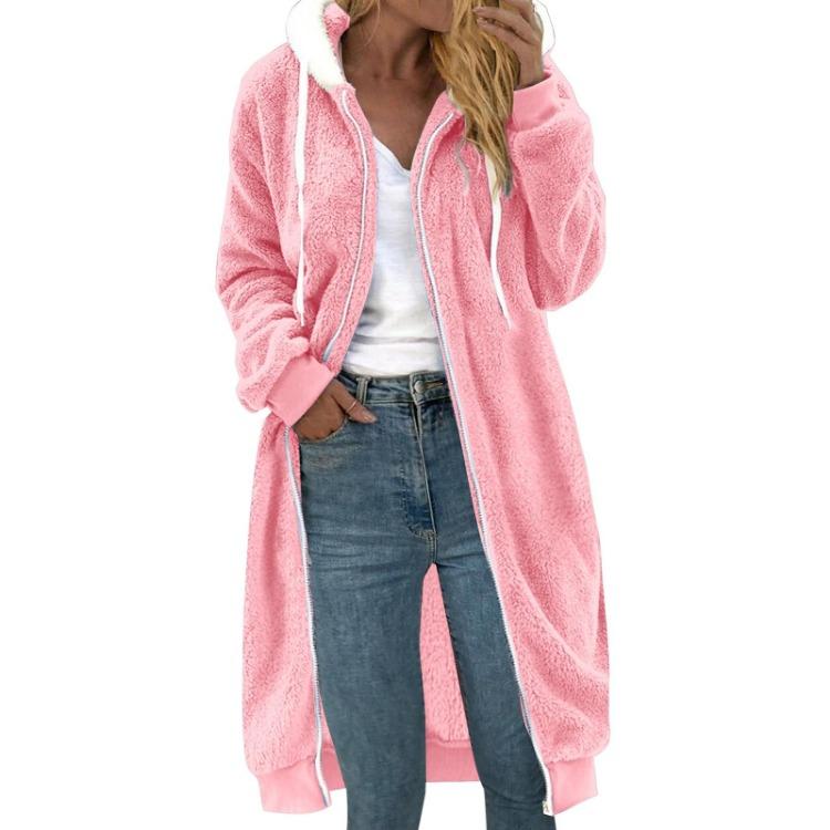 Women Hooded Coat Medium Length Solid Color Double Sided Plush Pocket Jacket