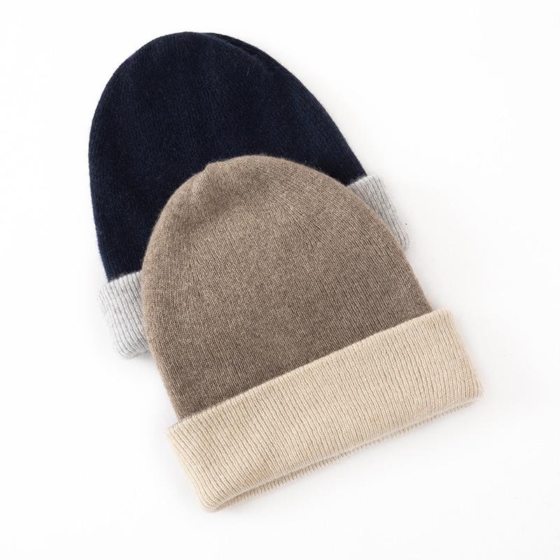 Women's 100% Pure Cashmere Color Block Ribbed Hat - Double Layer & Ear Protection
