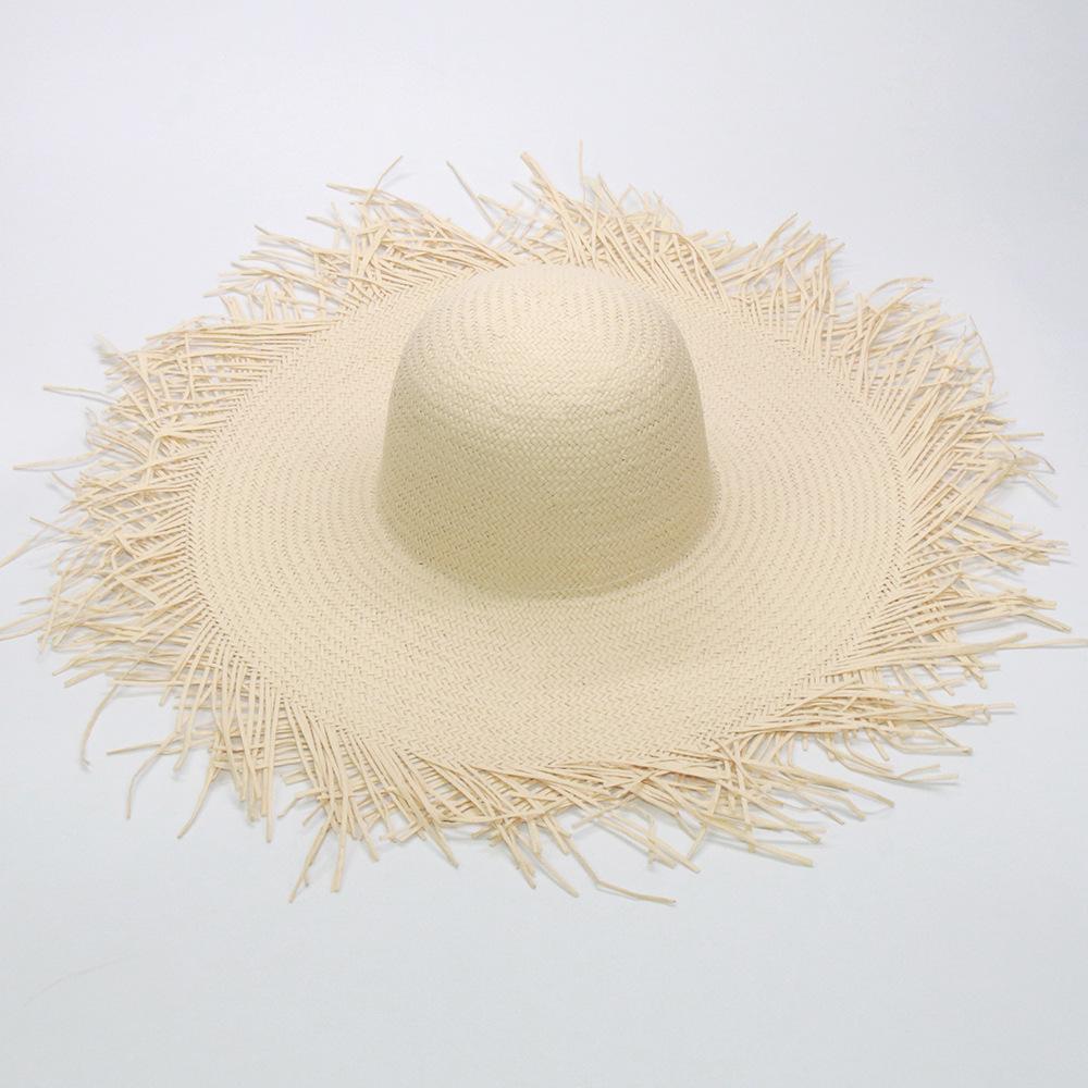 Women's wide-brimmed hat, tassel floss beach hat, foldable pure woven sun-visor, white and black paper straw round hat