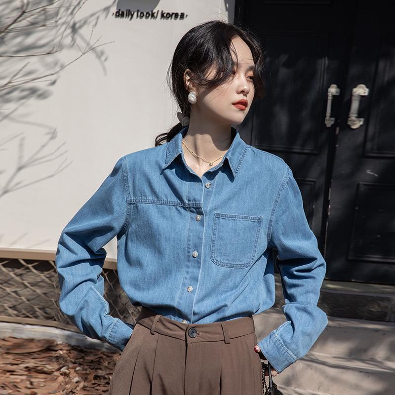 Damska koszula dżinsowa z długim rękawem - Wiosna/Jesień 2025 Retro francuski dopasowany krój