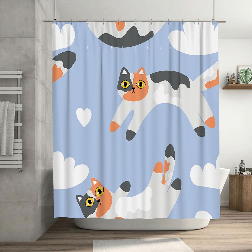 Whimsical Cat Pattern Shower Curtain For Home Decor Modern Blue And White Bathroom Accessories Perfect Gift Idea (200Cmx180Cm)