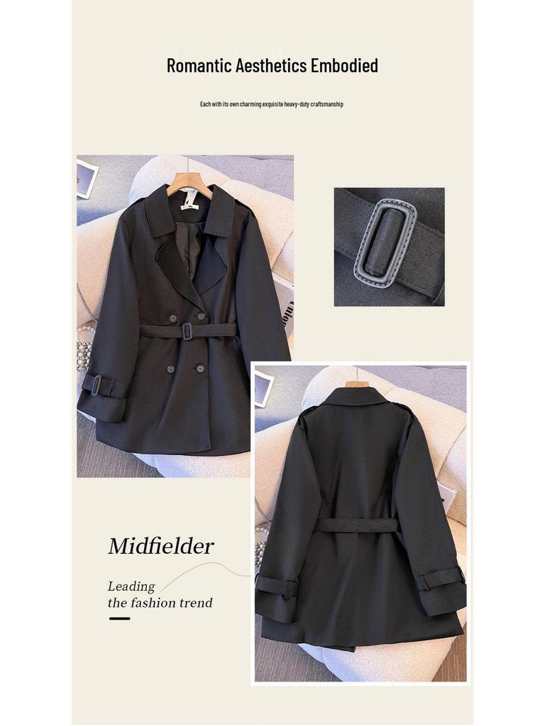 Plus Size British Style Mid-Length Trench Coat for Women, Waist-Cinched for a High-End Feel, Fits 130-350 lbs, Spring to Winter Fashion.
