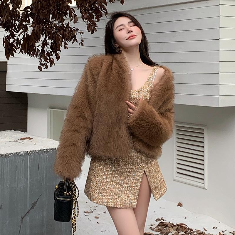 Women's Brown Faux Fox Fur Coat - Winter Chic, Elegant, Thick Mink-Style Top
