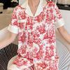 Summer Red Jungle Print Short-Sleeved Loungewear Ice Silk Pajamas Women'S Lapel Cardigan Two-Piece Set