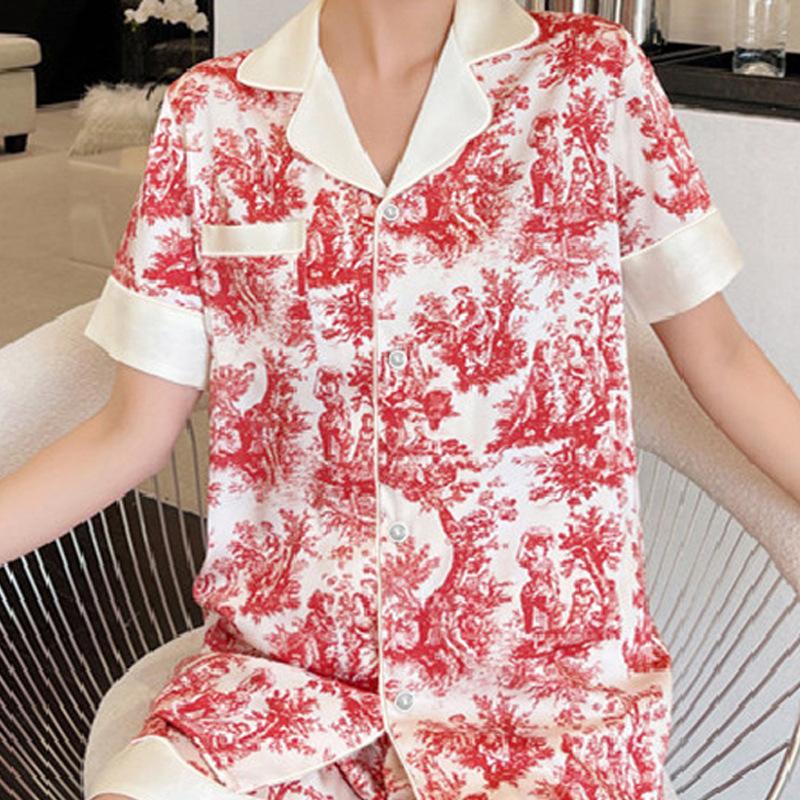 Summer Red Jungle Print Short-Sleeved Loungewear Ice Silk Pajamas Women'S Lapel Cardigan Two-Piece Set