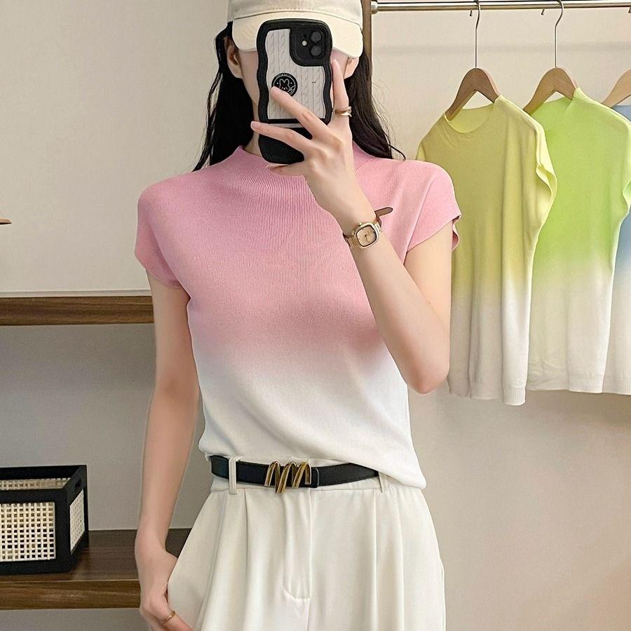 

Футболка с короткими рукавами из шелка ледяного цвета с постепенным переходом цвета для женщин, летний трикотажный топ dopamine fashion base XL розовый