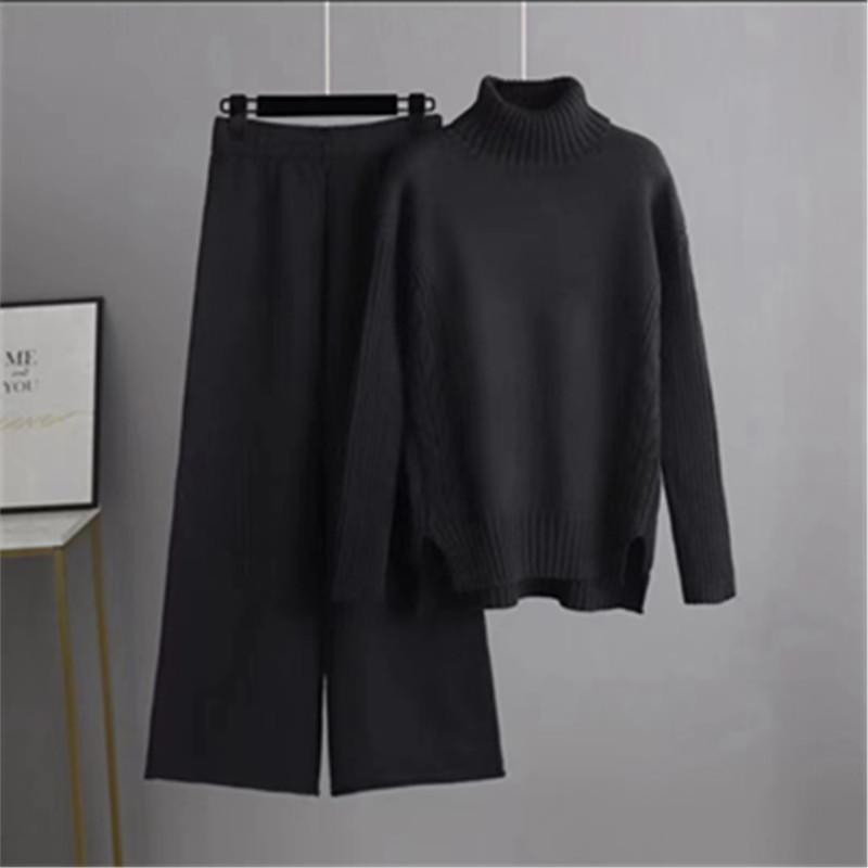 Autumn and Winter High Collar Split Thick Sweater Wide Leg Pants Two-piece Set Lazy Style Loose Knit Suit for Women
