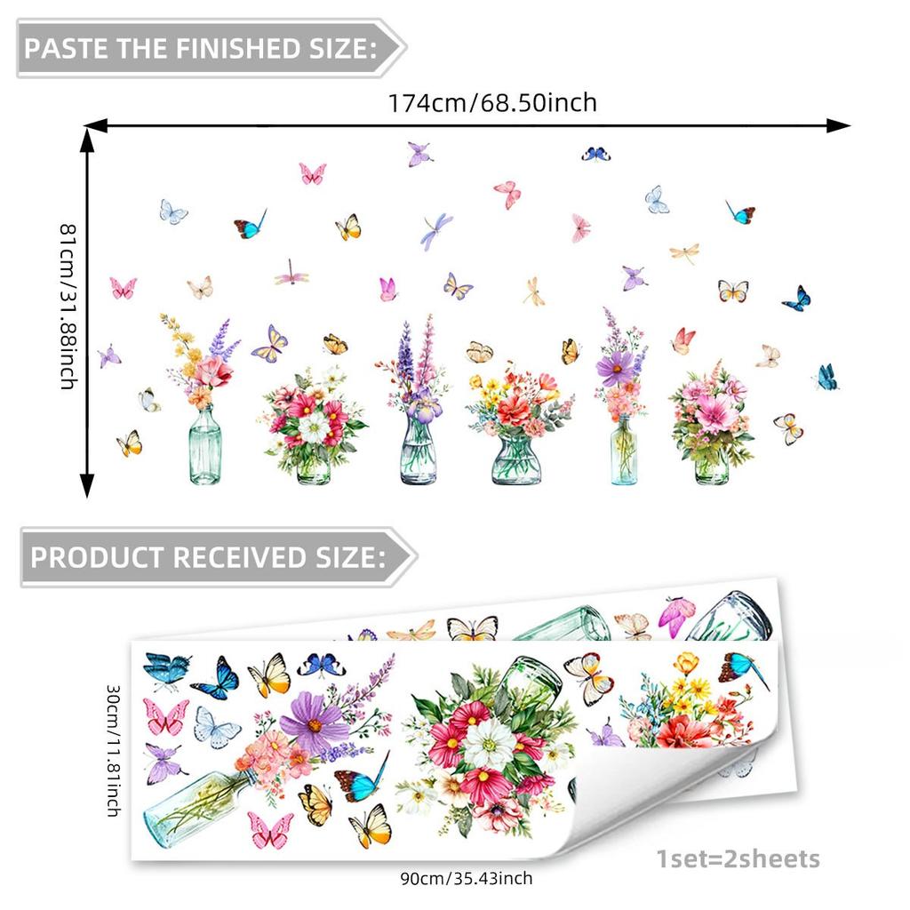Window Sticker Static Cling with Multicolor Floral Butterfly Design Suitable for Living Room For Bedroom Kitchen