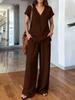2026 Europe & US Solid Color V-neck Short Sleeve T-shirt with Wide-Leg Pants Women's Summer Fashion Set