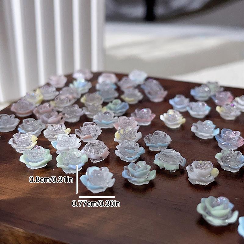50Pcs 3D Mix Sizes Beautiful Blossoming Rose Flowers Resin Adhesive Nail Art  Decorations Manicure Kawaii Charms