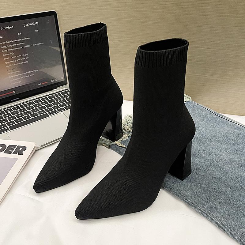 New Luxury Autumn Beige Sock Boots for Women Exotic Dancer High Heel Stiletto Winter Fashion Stretch Fabric Plus Size