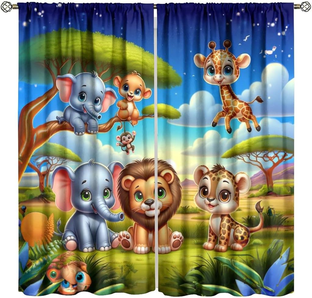 Animals Window Curtain Cartoon Jungle Forest Elephant Lion Print Curta For Kids Boys Girls Nursery Baby Bedroom Playroom Home