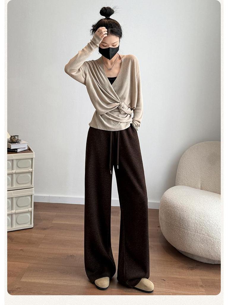 Aixuan White Wool Acetate Wide-Leg Pants: 2025 Autumn/Winter Women's Casual Draped Trousers