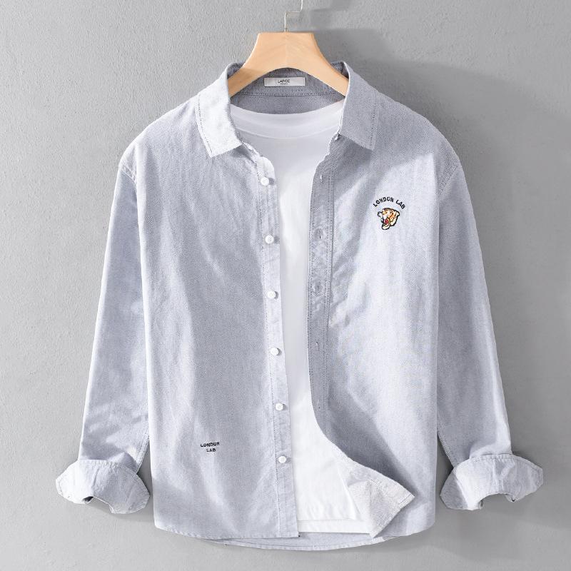 Oxford Woven Cotton Men's Shirt Fashion Casual Tiger Picture Embroidery Hipster Men All Match Shirt Men