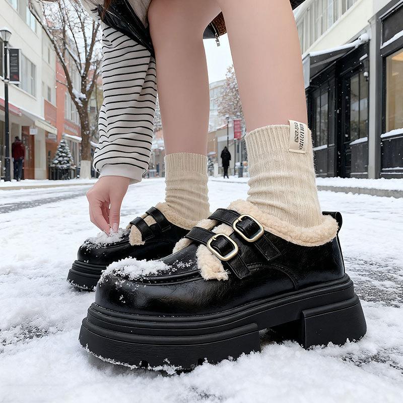 British Style Women's Large Size Soft Sole Winter Warm Fur One Snow Boots Padded Lined Ankle Boots Non-slip Hiking Sports Cotton Boots Leather Shoes