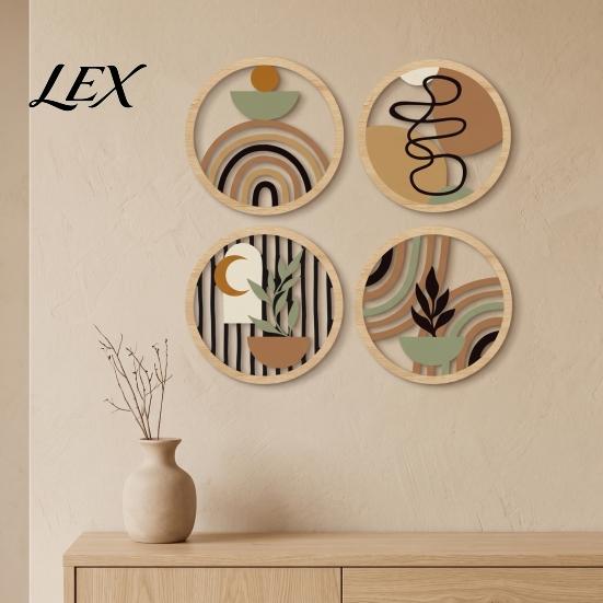 Vintage Farmhouse Wall Signs 4Pcs Boho Wooden Art , 2D Flat Round Hanging Signs, Modern Geometric Decorative Gallery Kit Wood Decor, Bohemian Plaques