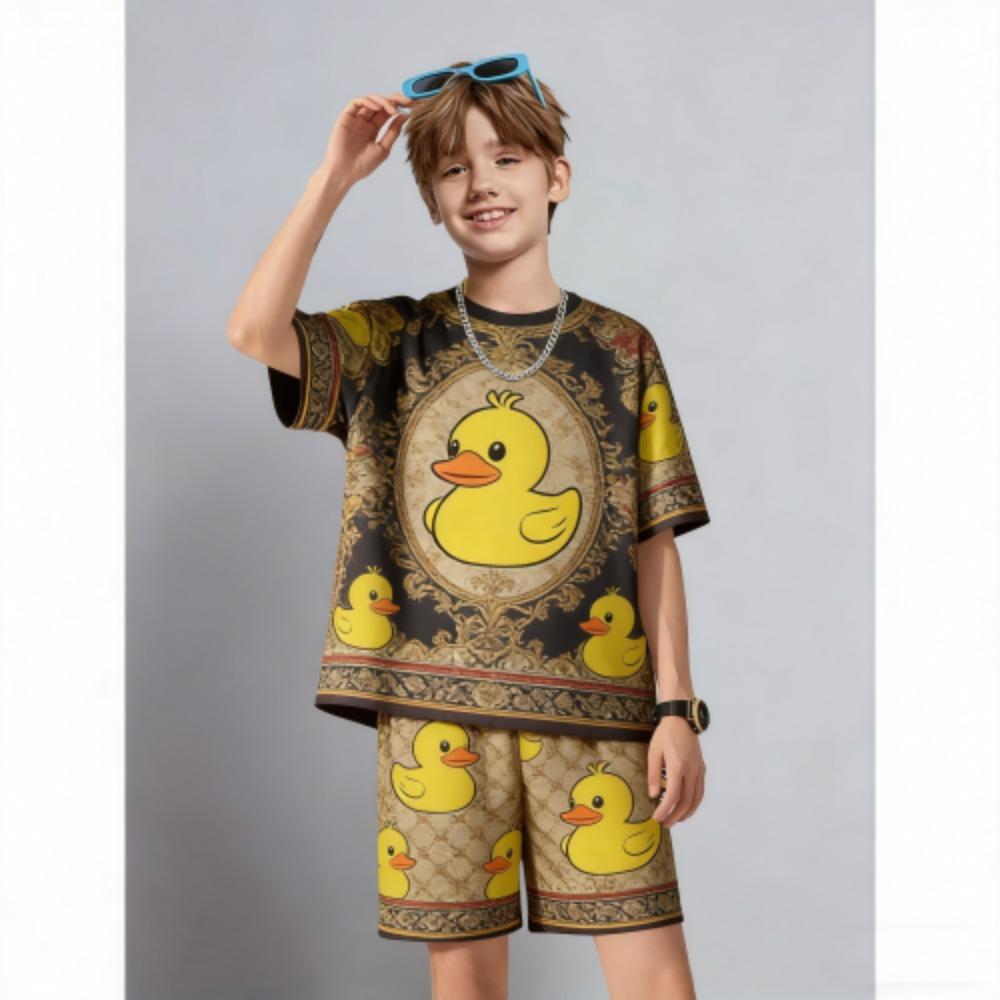 Men's Set Cartoon Animal Duck Printed Men's T-shirt and Shorts 2 Piece Set Summer Casual Outdoor Men's and Women's Outfit Clothing