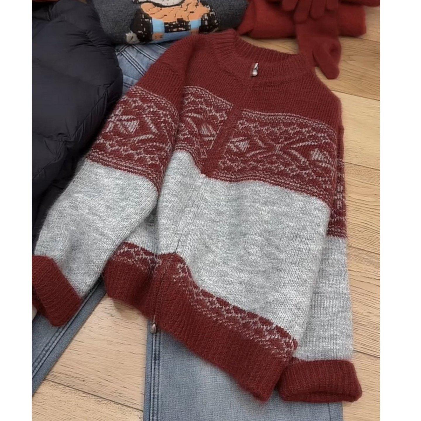 

Retro Fair Isle Color Block Slimming Zipper Knit Top M (95-105 jin)