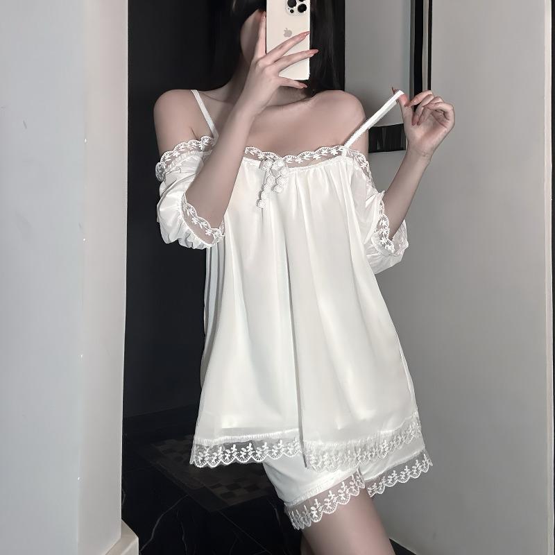Pure Desire Pajamas Female Lace Sexy Summer White Mesh Fairy Princess Style Short-sleeved Loungewear Suit Outside